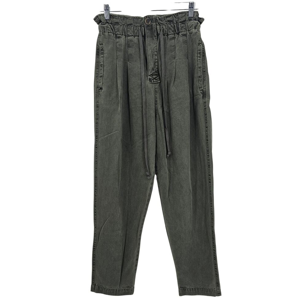 Free People Womans size S Margate Pleated Paper Bag Ankle Trousers Pants Green